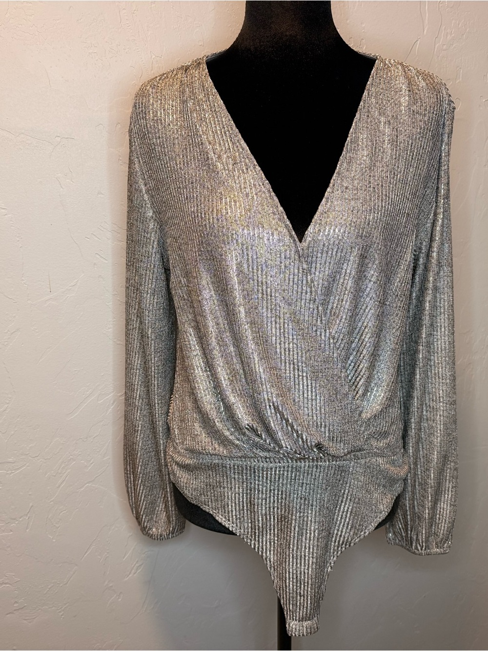 Dress Forum Silver Shimmer Surplice Long Sleeve Bodysuit